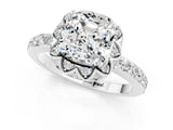 Silver Cushion Cut Moissanite Scalloped Halo Engagement Ring with Round Shared Prong Band_109