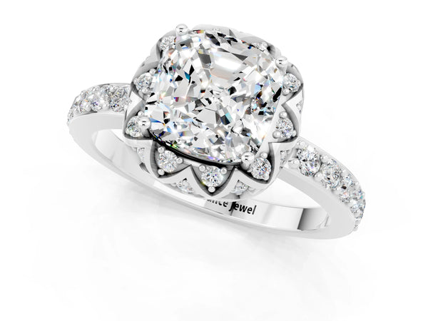 Silver Cushion Cut Moissanite Scalloped Halo Engagement Ring with Round Shared Prong Band