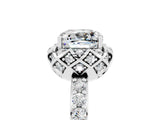 Silver Cushion Cut Moissanite Scalloped Halo Engagement Ring with Round Shared Prong Band_113