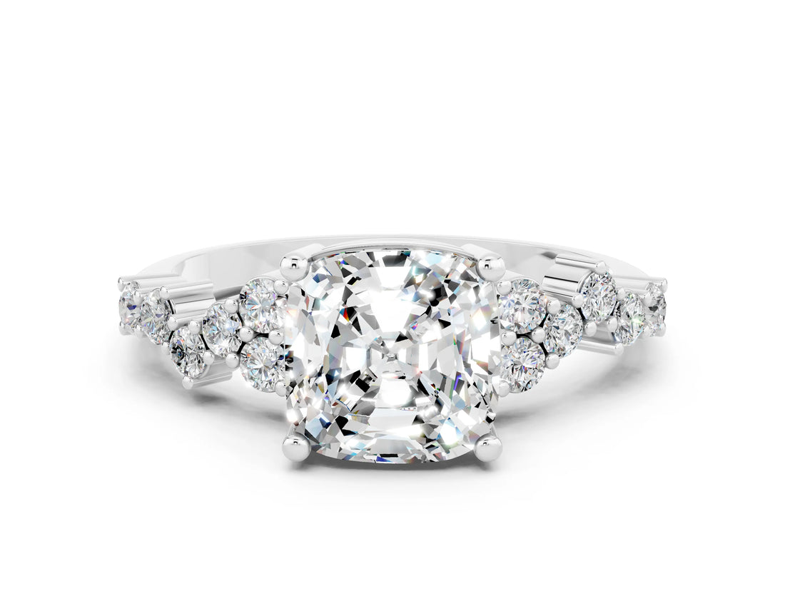 Silver Cushion Cut Moissanite Scattered Round Accent Ring with Prong Setting_90
