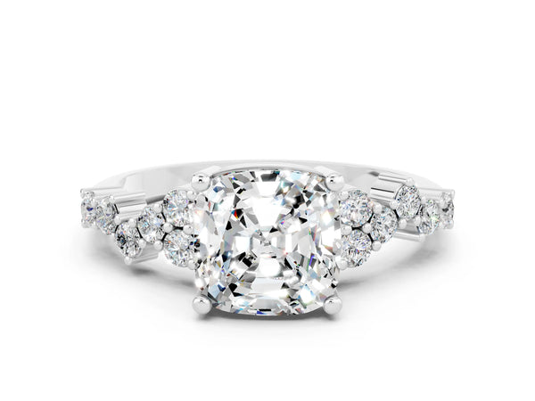Silver Cushion Cut Moissanite Scattered Round Accent Ring with Prong Setting
