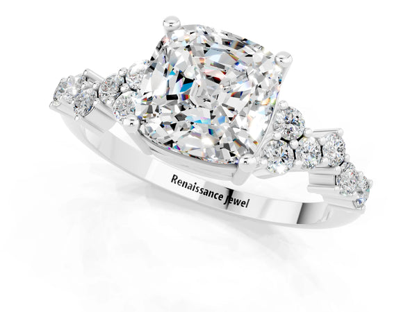 Silver Cushion Cut Moissanite Scattered Round Accent Ring with Prong Setting
