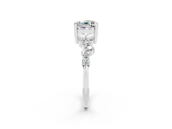 Silver Cushion Cut Moissanite Scattered Round Accent Ring with Prong Setting