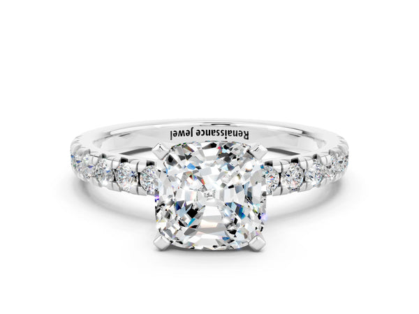 Silver Cushion Cut Moissanite Solitaire Pavé Engagement Ring with Round Band and Prong Setting