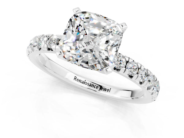 Silver Cushion Cut Moissanite Solitaire Pavé Engagement Ring with Round Band and Prong Setting