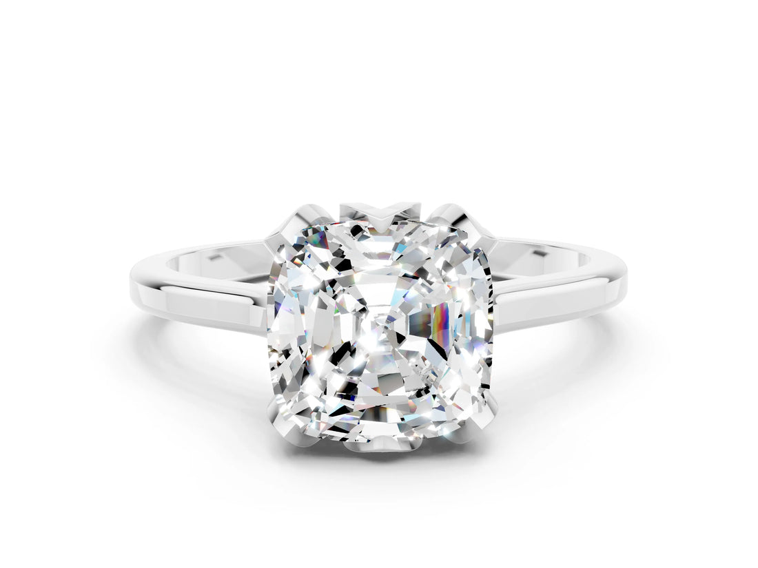 Silver Cushion Cut Moissanite Solitaire Ring with Flower Prong Setting and Classic Band_12
