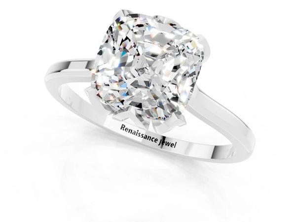 Silver Cushion Cut Moissanite Solitaire Ring with Flower Prong Setting and Classic Band
