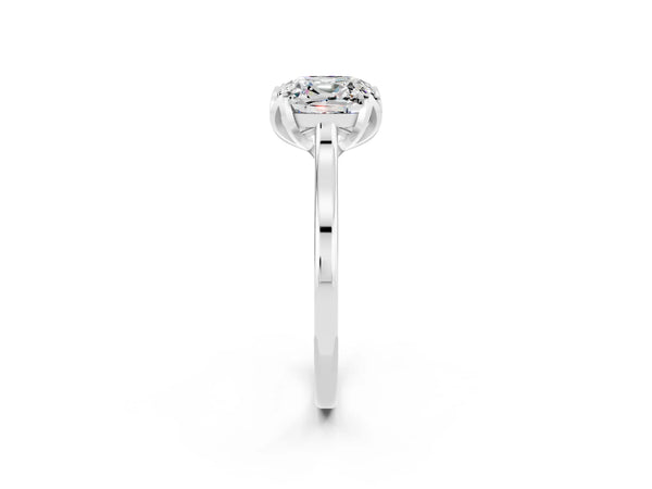 Silver Cushion Cut Moissanite Solitaire Ring with Flower Prong Setting and Classic Band