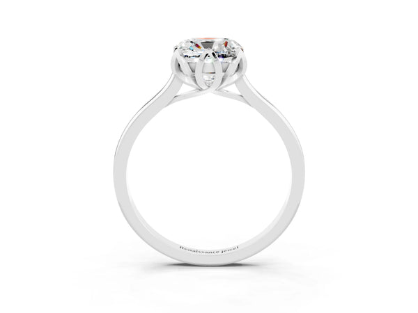 Silver Cushion Cut Moissanite Solitaire Ring with Flower Prong Setting and Classic Band