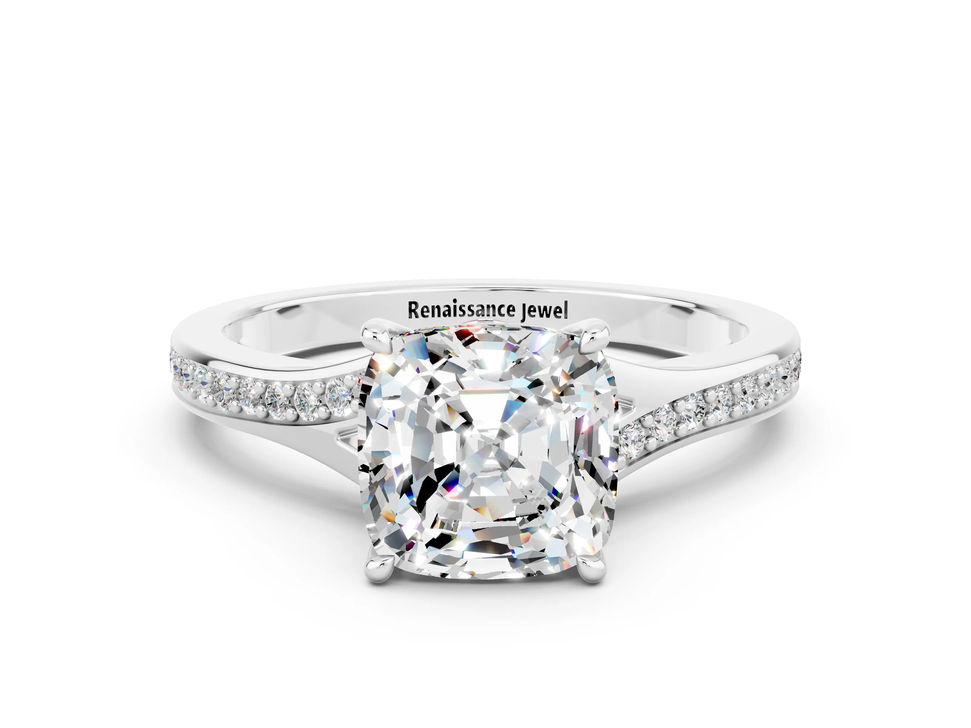Silver Cushion Cut Moissanite Solitaire Ring with Pavé Band and Prong Setting_12