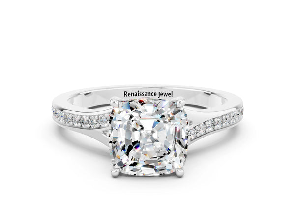 Silver Cushion Cut Moissanite Solitaire Ring with Pavé Band and Prong Setting