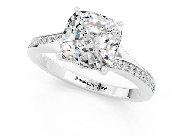 Silver Cushion Cut Moissanite Solitaire Ring with Pavé Band and Prong Setting