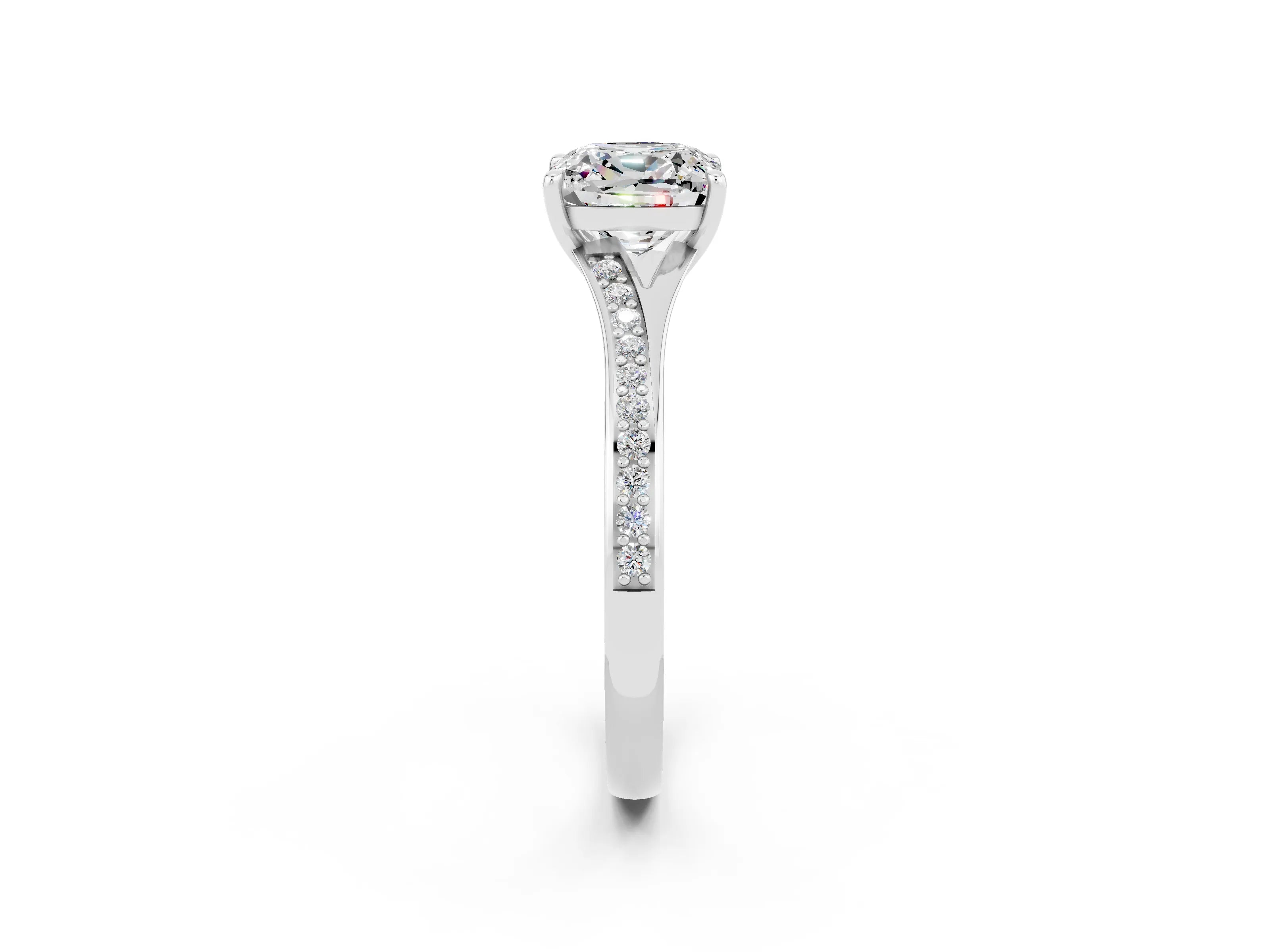 Silver Cushion Cut Moissanite Solitaire Ring with Pavé Band and Prong Setting_14