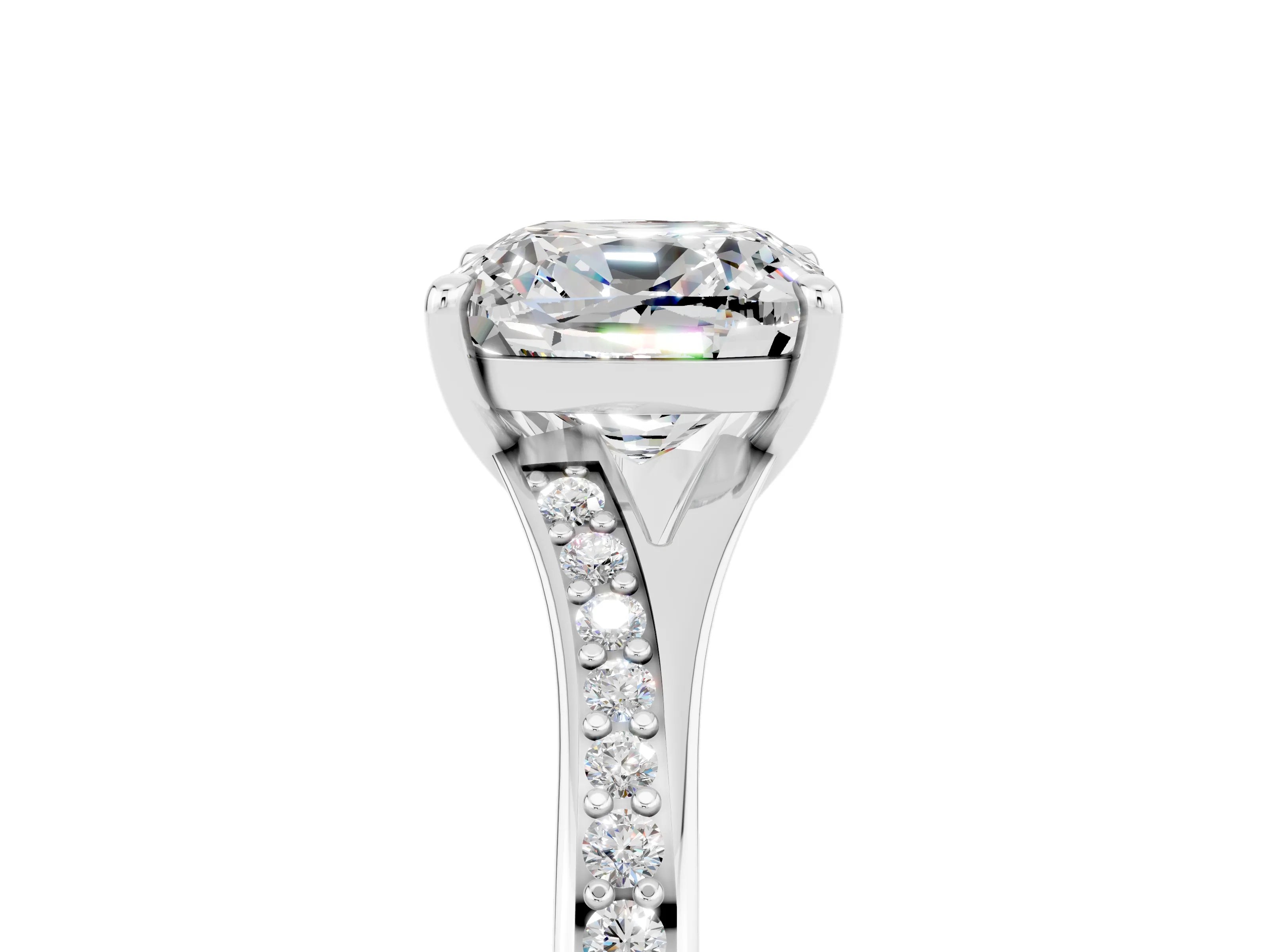 Silver Cushion Cut Moissanite Solitaire Ring with Pavé Band and Prong Setting_17