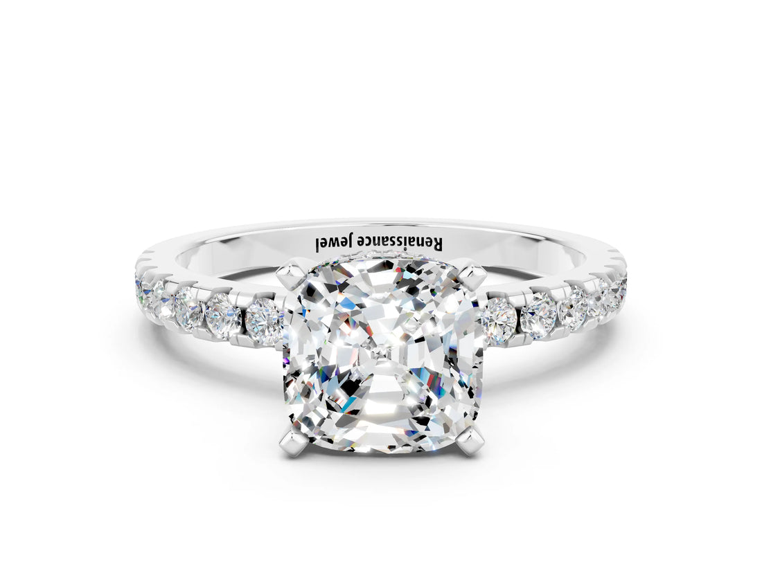 Silver Cushion Cut Moissanite Solitaire Ring with Round  Pavé Band and Four-Prong Setting_36