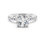 Silver Cushion Cut Moissanite Solitaire Ring with Round  Pavé Band and Four-Prong Setting_36