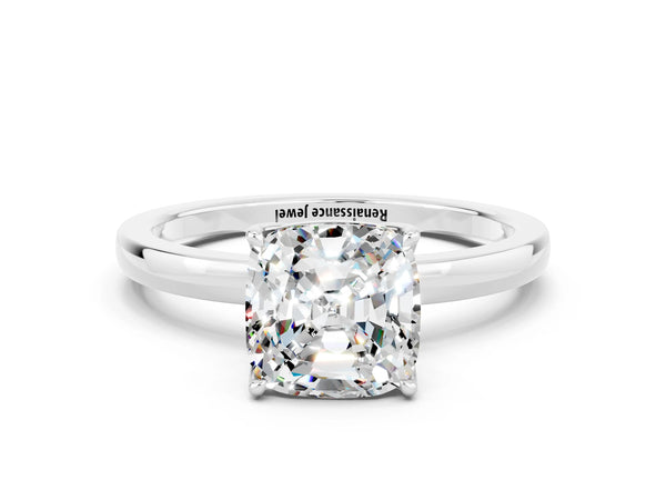 Silver Cushion Cut Moissanite Solitaire Ring with Thin Band and Prong Setting