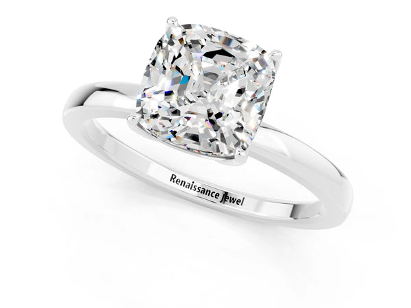 Silver Cushion Cut Moissanite Solitaire Ring with Thin Band and Prong Setting