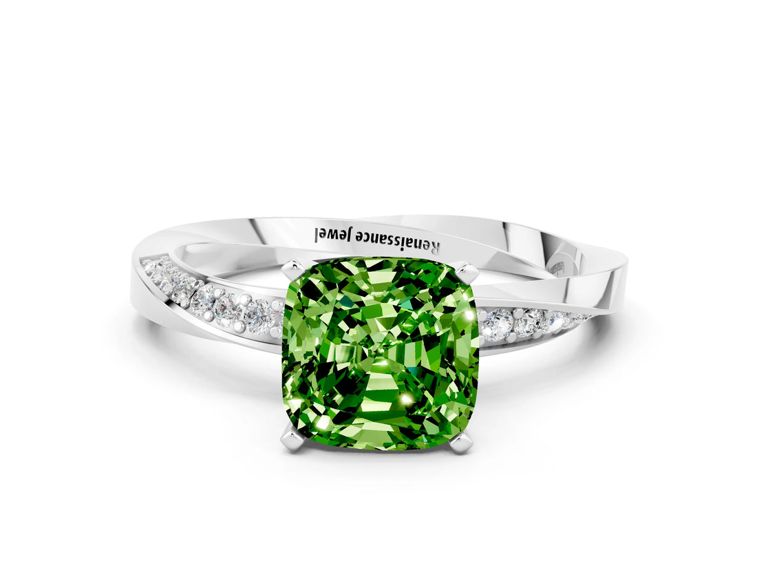 Silver Cushion Cut Peridot Engagement Ring with Side Stone Accents and Four-Prong Setting_12