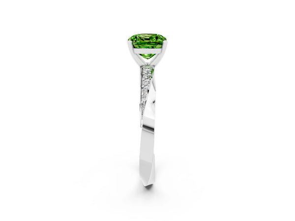 Silver Cushion Cut Peridot Engagement Ring with Side Stone Accents and Four-Prong Setting