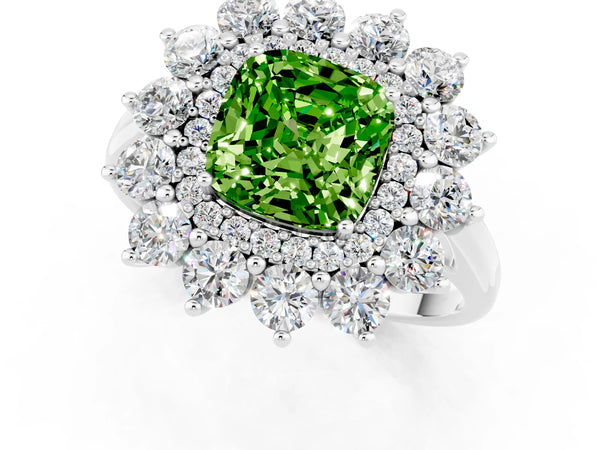 Silver Cushion Cut Peridot Floral Double Halo Engagement Ring with Prong Setting