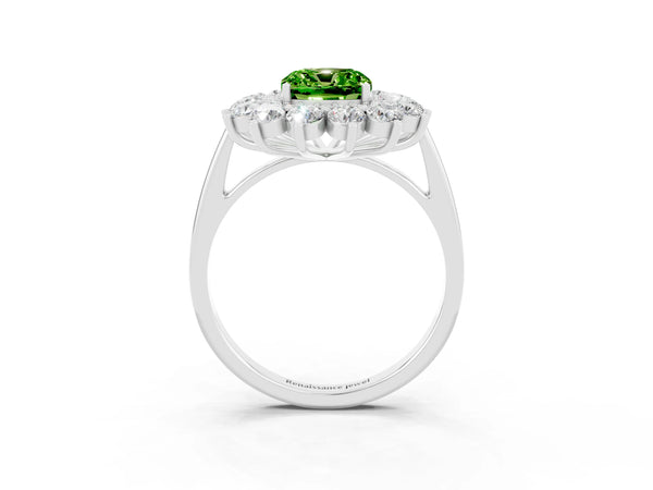 Silver Cushion Cut Peridot Floral Double Halo Engagement Ring with Prong Setting