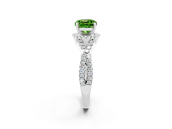 Silver Cushion Cut Peridot  Halo Twist Band Solitaire Prong Setting Ring