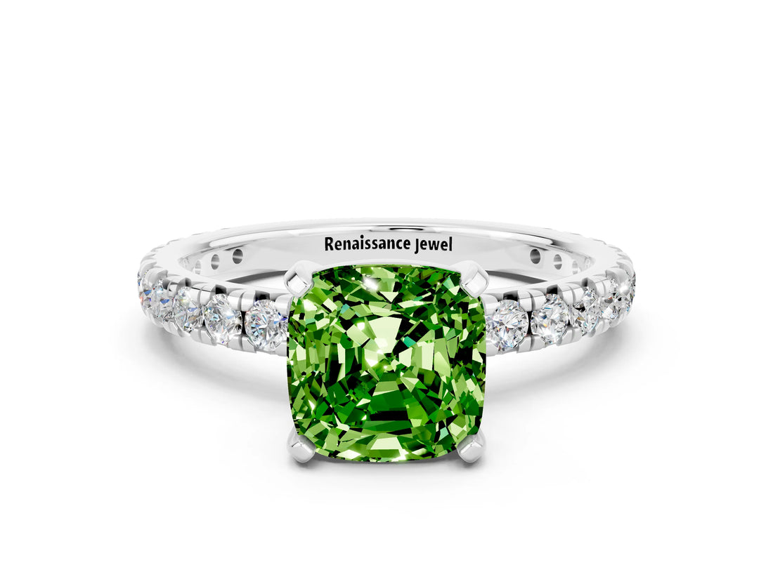 Silver Cushion Cut Peridot Pavé Solitaire Ring with Round Band and Prong Setting_42