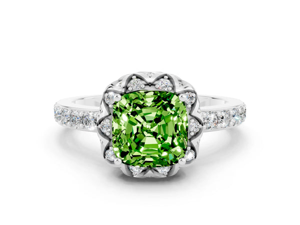 Silver Cushion Cut Peridot Scalloped Halo Engagement Ring with Round Shared Prong Band