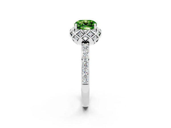 Silver Cushion Cut Peridot Scalloped Halo Engagement Ring with Round Shared Prong Band