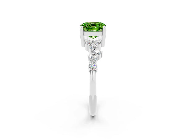 Silver Cushion Cut Peridot Scattered Round Accent Ring with Prong Setting