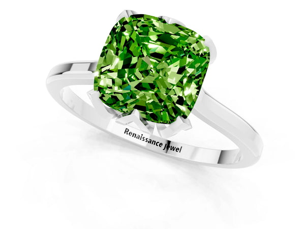 Sterling Silver Cushion Cut Peridot Floral Solitaire Engagement Ring with Plain Band
