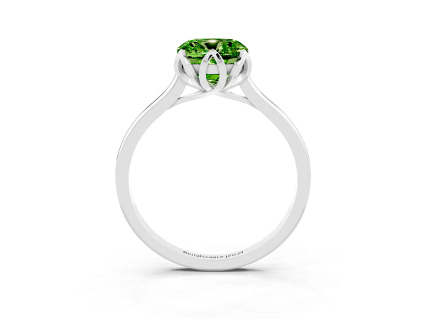 Sterling Silver Cushion Cut Peridot Floral Solitaire Engagement Ring with Plain Band