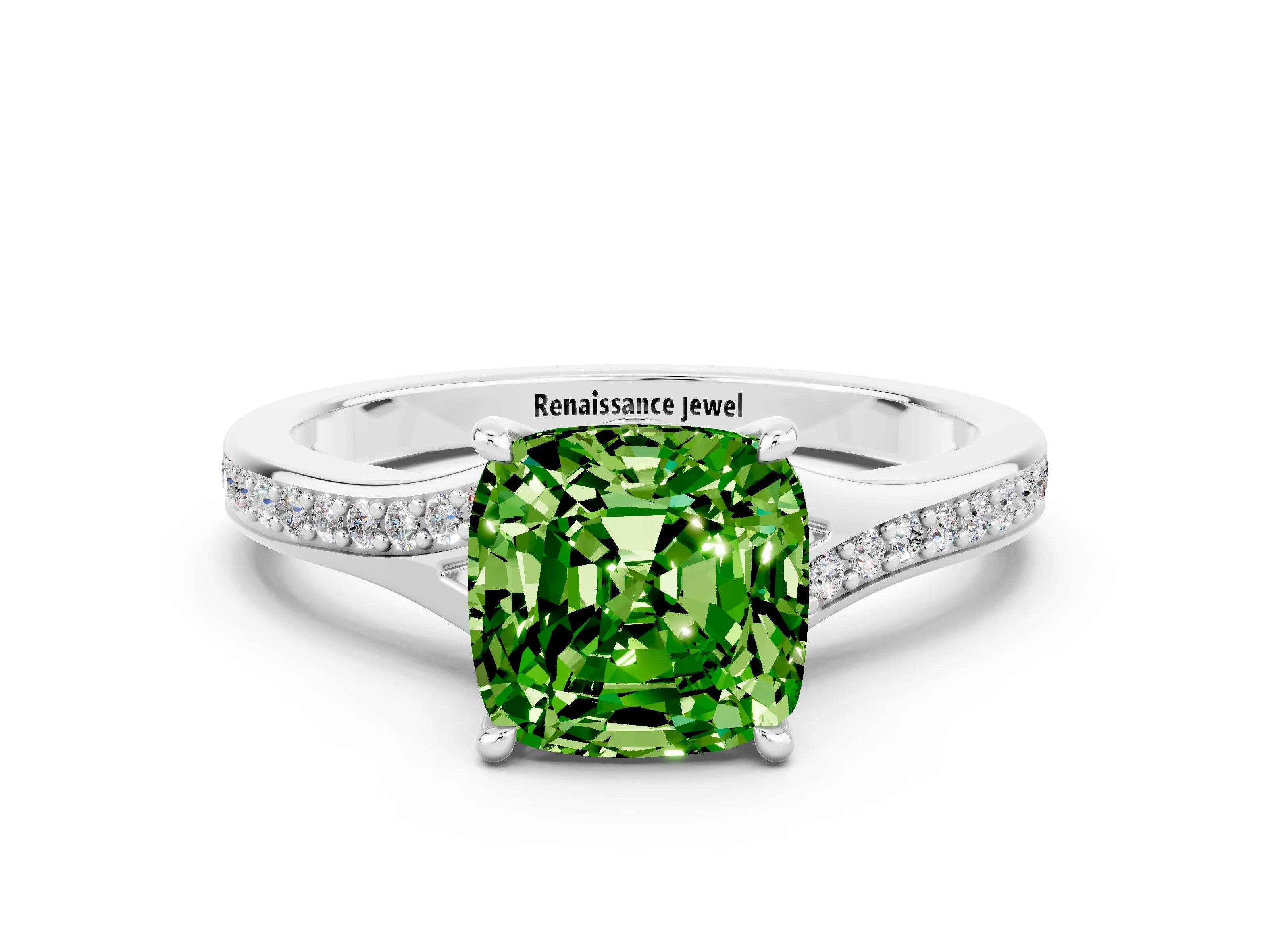 Silver Cushion Cut Peridot Solitaire Ring with Pavé Band and Prong Setting_12