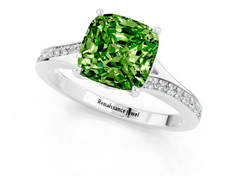 Silver Cushion Cut Peridot Solitaire Ring with Pavé Band and Prong Setting_13
