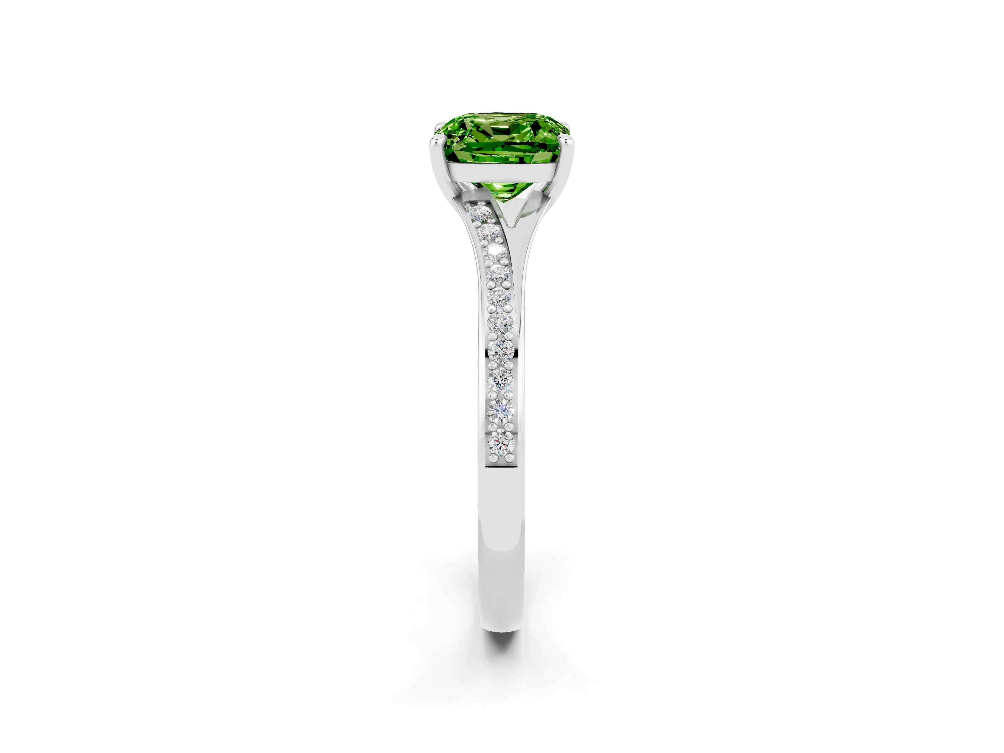 Silver Cushion Cut Peridot Solitaire Ring with Pavé Band and Prong Setting_14