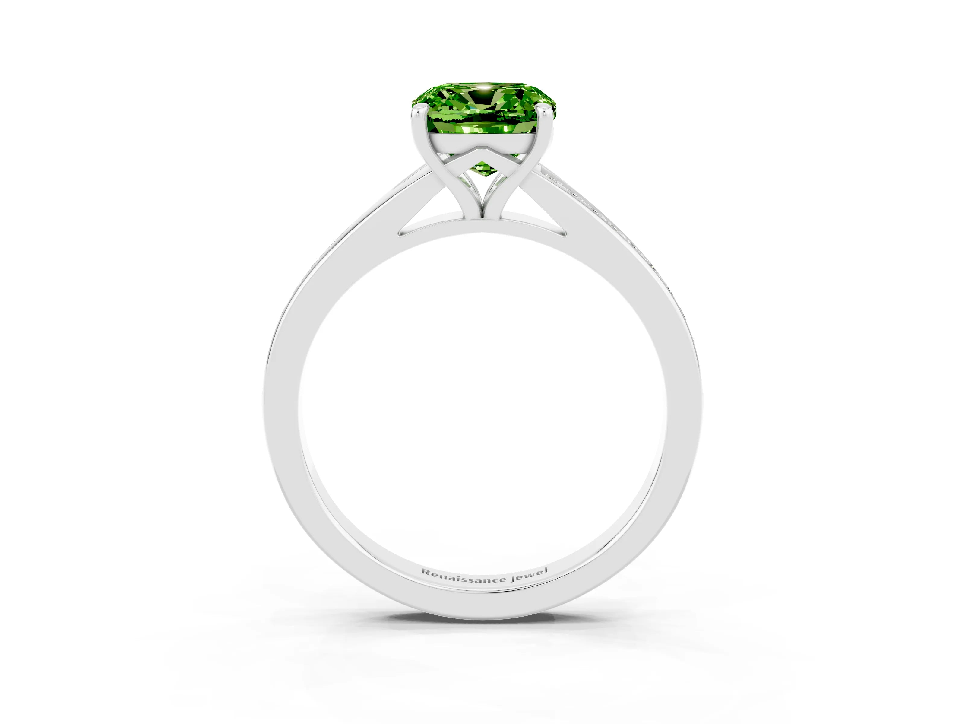 Silver Cushion Cut Peridot Solitaire Ring with Pavé Band and Prong Setting_15