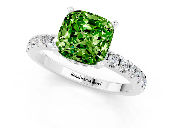 Silver Cushion Cut Peridot Solitaire Ring with Round Pavé Band and Four-Prong Setting