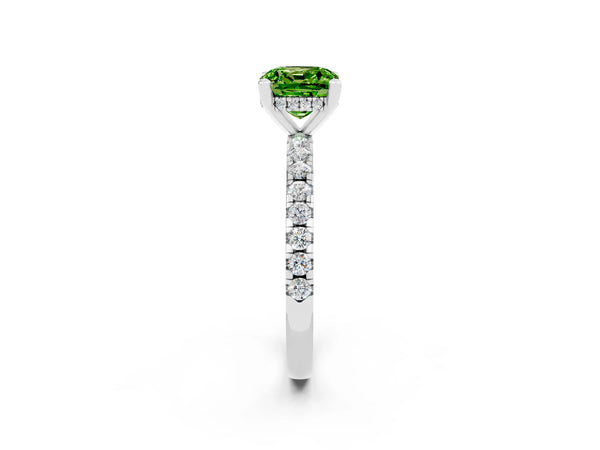 Silver Cushion Cut Peridot Solitaire Ring with Round Pavé Band and Four-Prong Setting