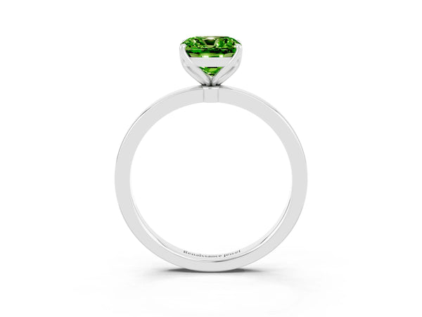 Silver Cushion Cut Peridot Solitaire Ring with Thin Band and Prong Setting