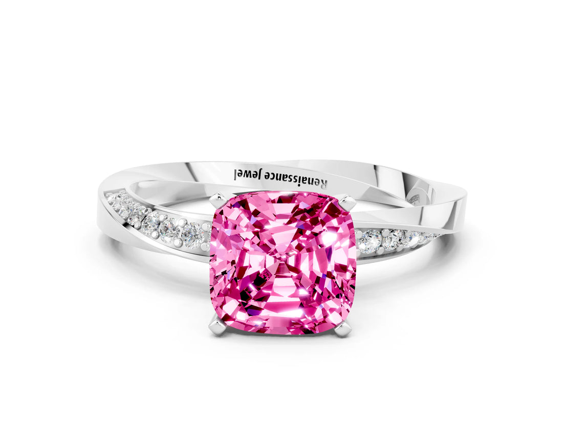 Silver Cushion Cut Pink Sapphire Engagement Ring with Side Stone Accents and Four-Prong Setting_12