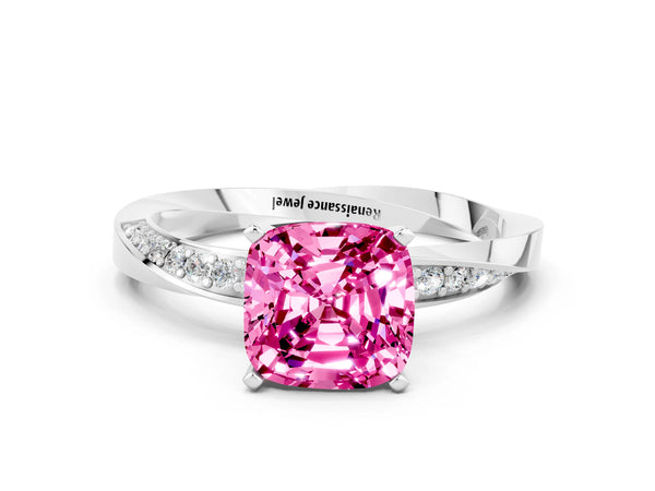 Silver Cushion Cut Pink Sapphire Engagement Ring with Side Stone Accents and Four-Prong Setting
