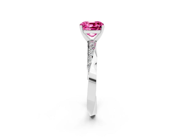 Silver Cushion Cut Pink Sapphire Engagement Ring with Side Stone Accents and Four-Prong Setting