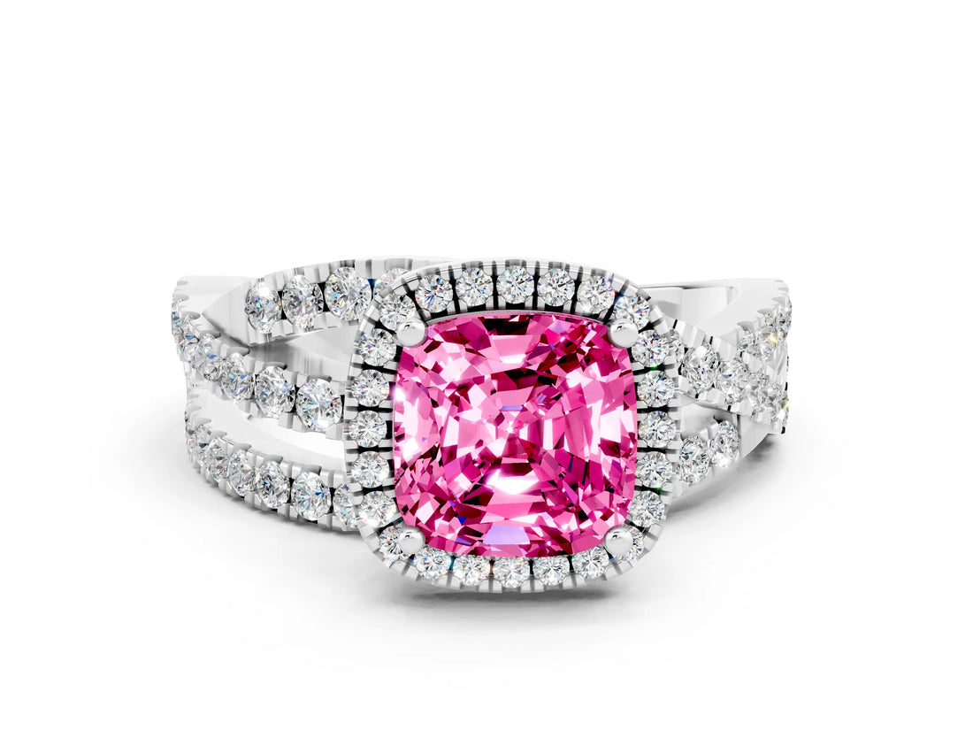 Silver Cushion Cut Pink Sapphire Halo Ring with Round Split Shank and Prong Setting_66