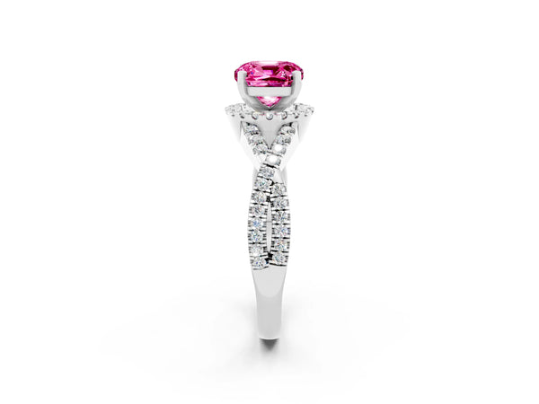 Silver Cushion Cut Pink Sapphire  Halo Twist Band Solitaire Prong Setting Ring