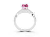 Silver Cushion Cut Pink Sapphire  Halo Twist Band Solitaire Prong Setting Ring_15