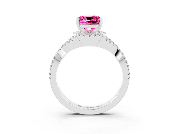Silver Cushion Cut Pink Sapphire  Halo Twist Band Solitaire Prong Setting Ring