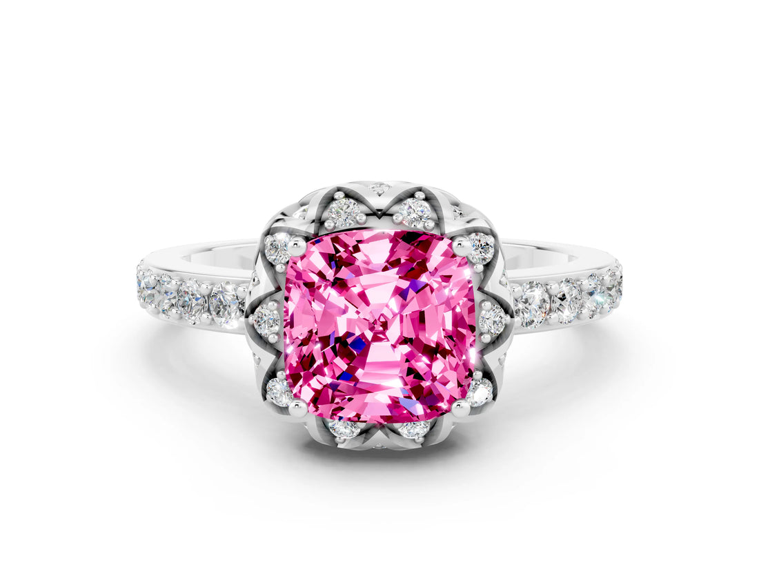 Silver Cushion Cut Pink Sapphire Scalloped Halo Engagement Ring with Round Shared Prong Band_78