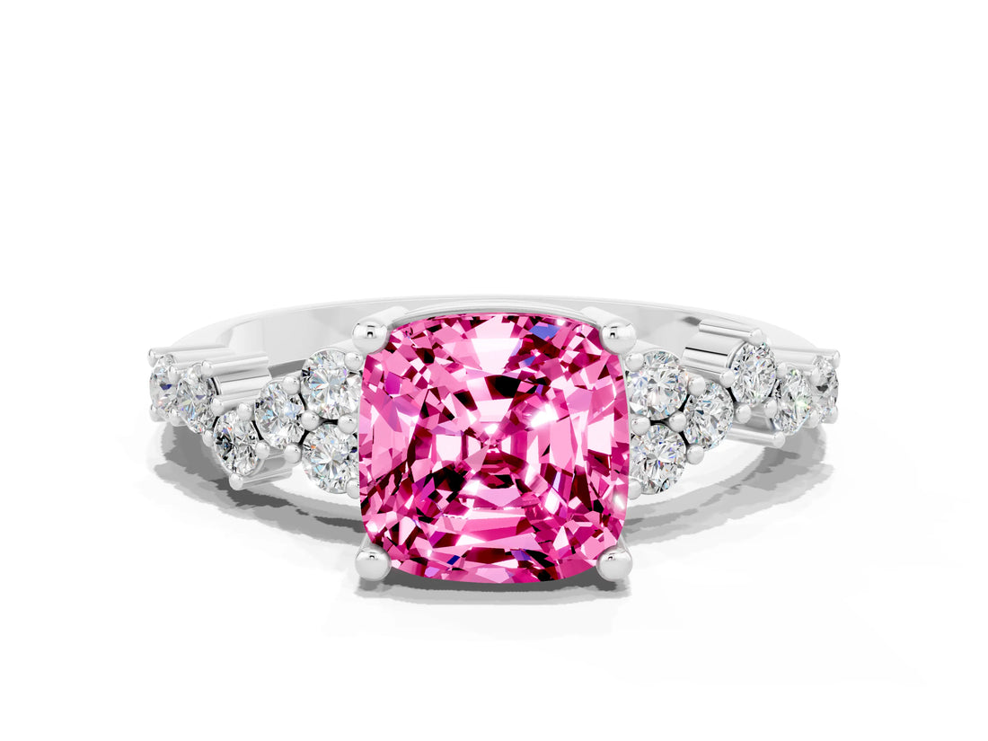 Silver Cushion Cut Pink Sapphire Scattered Round Accent Ring with Prong Setting_114
