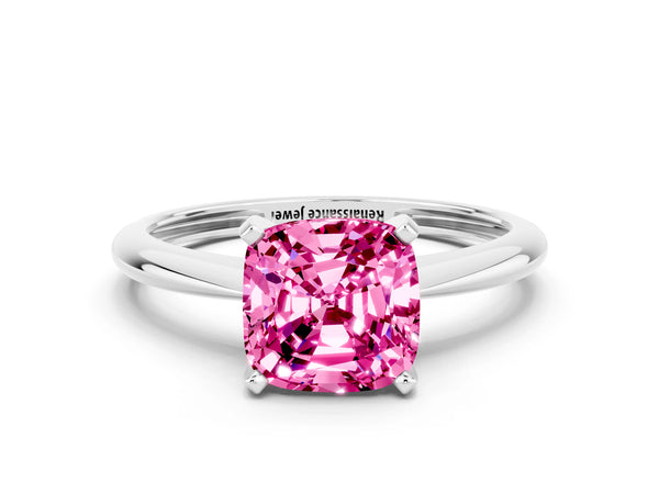 Silver Cushion Cut Pink Sapphire Solitaire Engagement Ring with Classic Band and Four-Prong Setting